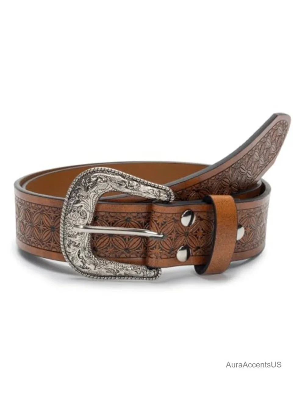 Women's Western Belt PU Leather Vintage Carved Buckle Cowgirl Waist Belt